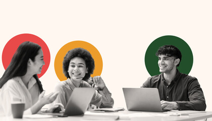 Three young professionals are engaged in a lively discussion at a creative workspace. They use...