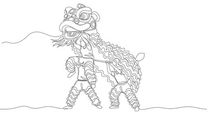 Fototapeta premium Line Art Illustration of Traditional Chinese Lion Dance Performer with Lion Costume
