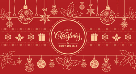 Elegant red Christmas and New Year greeting card background with golden ornaments, hanging baubles, snowflakes, holly leaves and festive typography ideal for holiday banners, invitations and seasonal  © bibin