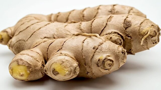 A detailed close-up shot of a fresh, unpeeled ginger root resting on a pristine white background. The intricate texture of its light brown skin and distinctive gnarled shape are highlighted with brigh
