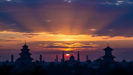 Obraz premium Golden Hour Silhouette: Witness the mystical charm of an ancient cityscape gracefully outlined against a canvas of fiery sunset, a moment of cultural reflection.