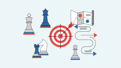 Business strategy concept with chess pieces, target, and roadmap for goal achievement and planning success © Best Design_Academy