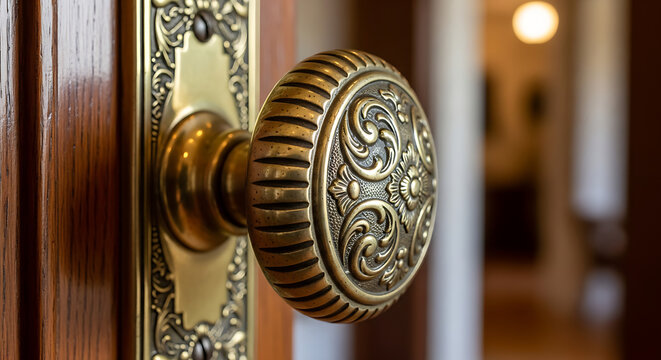 Closeup of antique brass door handle on wooden door