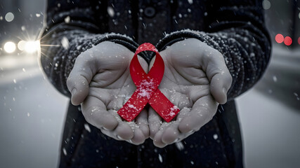 Person Holding World AIDS Day Red Ribbon Outdoors In Dramatic Falling Snow At Night