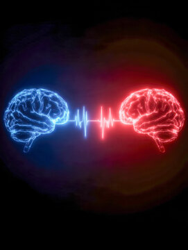 Glowing blue and red digital brains connected by a pulsating waveform on a dark background symbolizing neural communication and brainwave synchronization