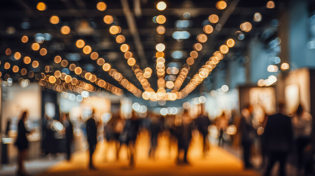 Blurred view of people gathered under warm string lights in a busy indoor event space with a modern industrial ceiling and vibrant atmosphere