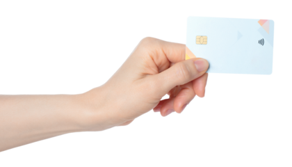 Hand holding a bank card with a chip, isolated on transparent background. Ideal for finance, payment, banking, digital transactions, and security-themed projects