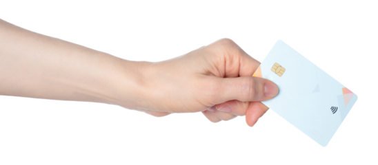 Hand holding a bank card with a chip, isolated on transparent background. Ideal for finance, payment, banking, digital transactions, and security-themed projects