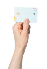Hand holding a bank card with a chip, isolated on transparent background. Ideal for finance, payment, banking, digital transactions, and security-themed projects