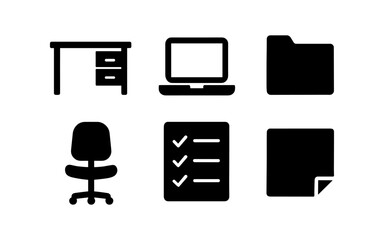 Office icons set: desk, laptop, folder, chair, checklist, and sticky note