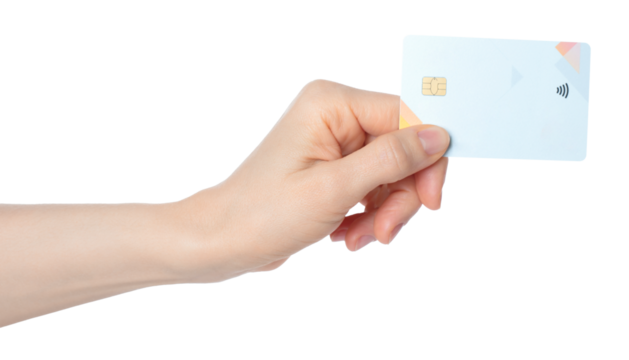 Hand holding a bank card with a chip, isolated on transparent background. Ideal for finance, payment, banking, digital transactions, and security-themed projects - Powered by Adobe
