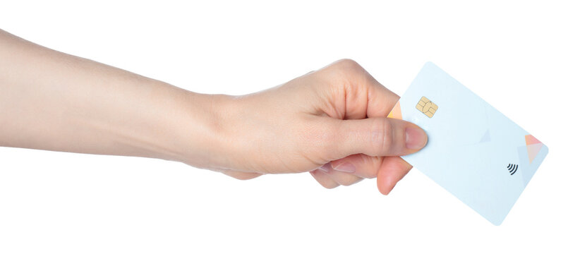 Hand holding a bank card with a chip, isolated on transparent background. Ideal for finance, payment, banking, digital transactions, and security-themed projects - Powered by Adobe