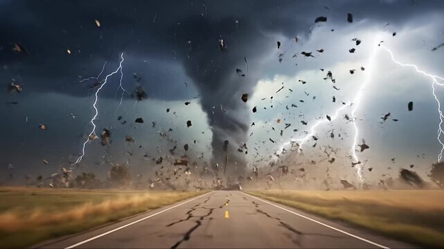 A massive, swirling vortex dominates the horizon under a dark, ominous sky, with intense lightning flashes illuminating the dramatic scene. Debris, including fragments of objects and earth, flies viol