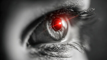 Detailed grayscale human eye with a striking red glowing iris reflection symbolizing futuristic technology and advanced vision concepts in photography