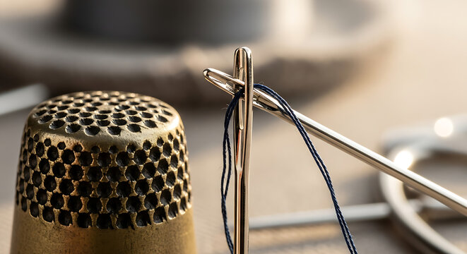 Sewing thimble and needle with blue thread on a table - Powered by Adobe