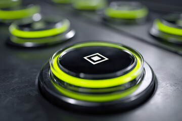 Illuminated futuristic black buttons with neon green rings on dark surface symbolizing modern technology and control interface in a sleek design