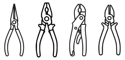 Set of pliers tool types icons in black outline line art style , different plier shapes  arranged in row with clean curves for mechanical work and electrical tasks concept of repair precision and work