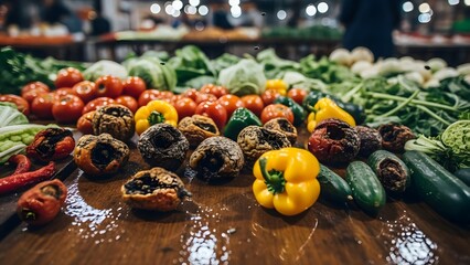 A stark visual representation of food loss and waste, featuring vibrant fresh vegetables alongside decaying produce on a rustic wooden market stall