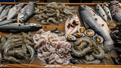 Fresh Seafood Market Display Featuring Various Types of Fish, Prawns, Mussels, and Octopuses