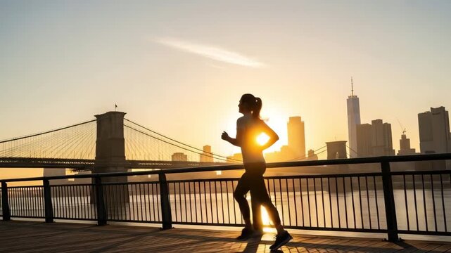 Woman jogging along riverfront promenade with Brooklyn Bridge and city skyline at sunrise, promoting healthy lifestyle and fitness goals