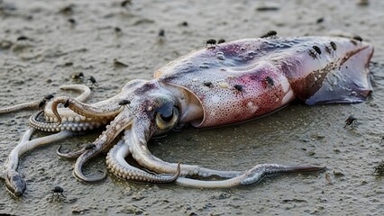 A deceased squid with a visibly damaged mantle, lying on the wet, muddy shore, attracting several flies, highlighting the transient nature of marine life on the coastline