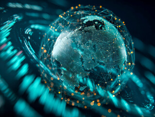 Futuristic digital globe with interconnected data points and glowing network lines representing global communication and advanced technology concepts