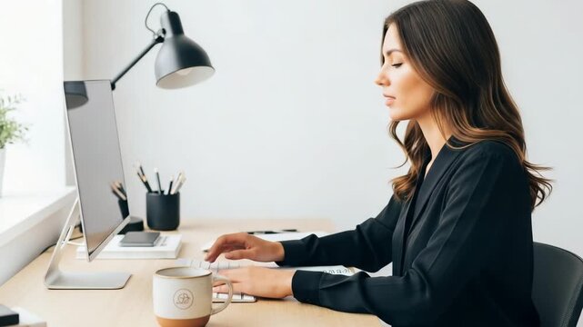 Dynamic businesswoman skillfully navigating spreadsheets at her desk, a modern worker in a bright, vibrant workspace focused on goals