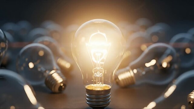 A single incandescent light bulb radiates a warm, brilliant glow, standing out prominently amidst a dark, blurred background of numerous unlit bulbs. This evocative visual metaphor symbolizes the mome