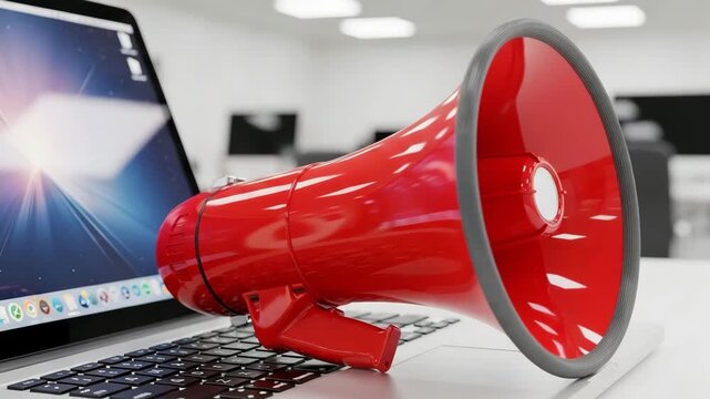 Urgent announcement red megaphone on laptop keyboard spreading business news fast in a modern office setting, digital marketing campaign boost