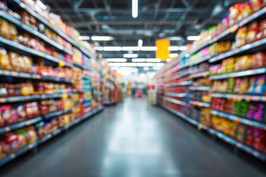 A grocery store aisle filled with colorful packaged goods on shelves creating a vibrant and bustling shopping environment with bright overhead lighting