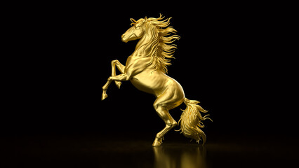 Fototapeta premium Majestic Golden Rearing Horse Statue on Dark Background 3d render.
