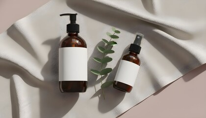 Amber glass cosmetic bottles with blank labels and eucalyptus sprig arranged on draped fabric for product mockup and branding