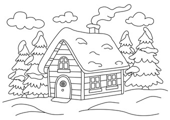 Coloring page. A small, cute cottage, lodge house in the forest covered by snow. Simple winter coloring page.
