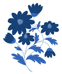 Monochrome design of a branch with blue flowers. Graphic element.

