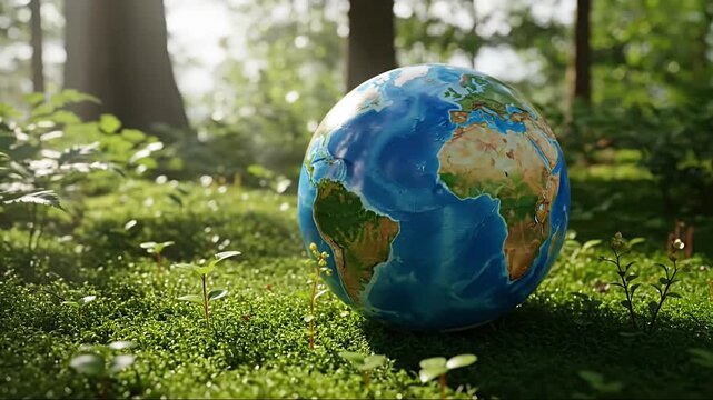 A vibrant 3D rendered globe, meticulously depicting the continents and oceans of planet Earth, rests gently on a bed of lush, verdant green moss and tiny sprouting plants. The serene scene is bathed i