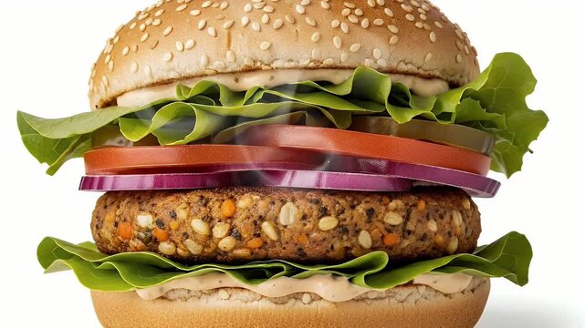 A vibrant and appetizing plant-based burger is showcased in a detailed, eye-level shot against a clean white background, emphasizing its fresh ingredients and wholesome appeal. Layers of crisp green l