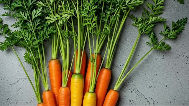 A vibrant and fresh assortment of raw carrots, featuring both classic orange and unique yellow varieties, artfully arranged with their verdant green tops against a rustic, textured grey background. Th