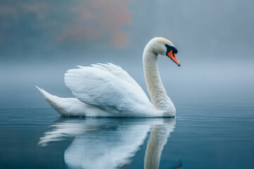 Fototapeta premium Graceful white swan gliding serenely across calm blue water with misty background and soft reflections perfect for nature and wildlife themes
