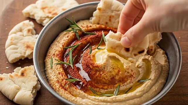 A vibrant close-up captures a hand dipping a piece of fresh flatbread into a creamy bowl of homemade hummus, beautifully garnished with a swirl of golden olive oil, rich red paprika, and aromatic rose