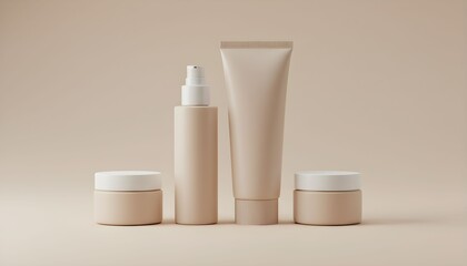 Set of minimalist cosmetic packaging neutral tone skincare bottles and jars isolated on a soft beige background for beauty product advertising