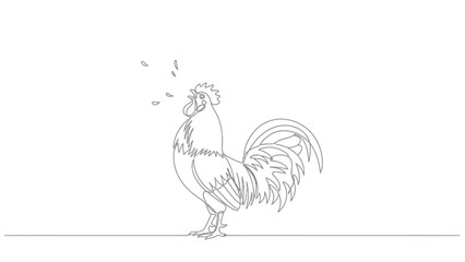 Minimalist Line Drawing of a Rooster with Embellished Tail Feathers and Expressive Beak