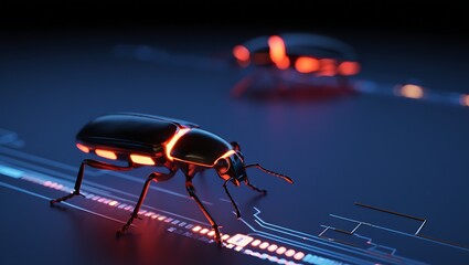 Glowing beetle on circuit board with neon lights