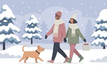 Fototapeta premium African American couple walking in snowy landscape, holding hands with a playful dog, surrounded by snow-covered trees, enjoying a winter day outdoors with a joyful atmosphere