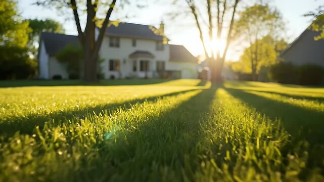 A vibrant, low-angle shot captures lush green grass in a suburban lawn, bathed in the warm, golden light of late afternoon or early morning. Long, dramatic shadows from unseen trees stretch across the