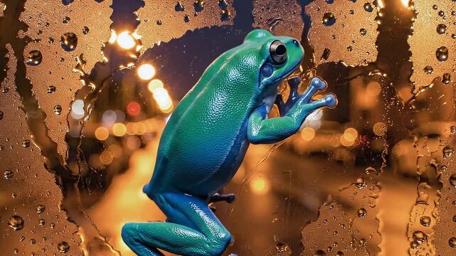 Vibrant green and blue tree frog clinging to a rainstreaked window at night