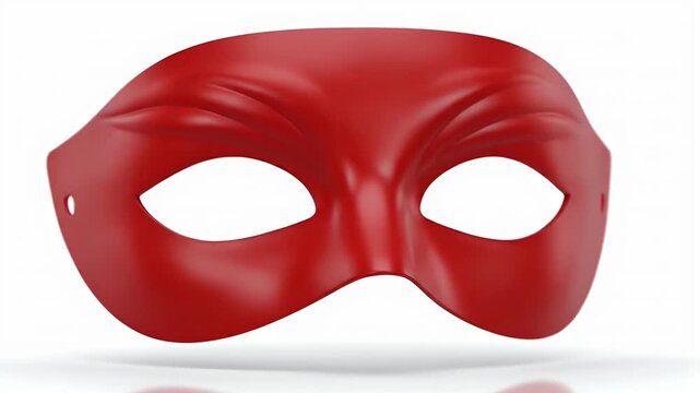 A vibrant red half-mask elegantly floats against a pristine white background, casting a subtle reflection. This sleek, minimalist accessory evokes themes of anonymity, disguise, mystery, and celebrati