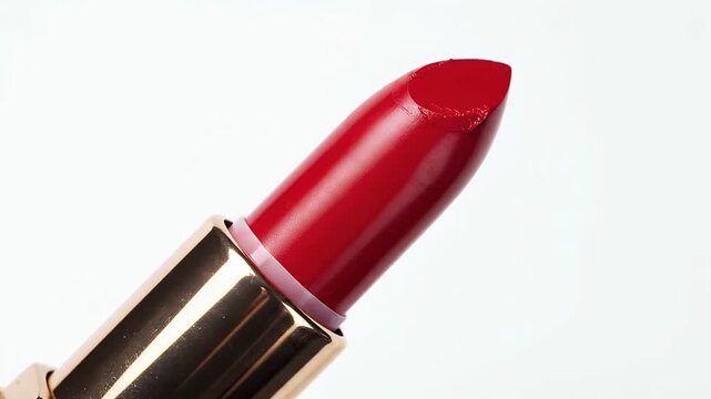 A vibrant red lipstick gracefully retracts into its elegant gold casing against a clean white background. This captivating close-up highlights the luxurious texture and rich pigment of the cosmetic pr