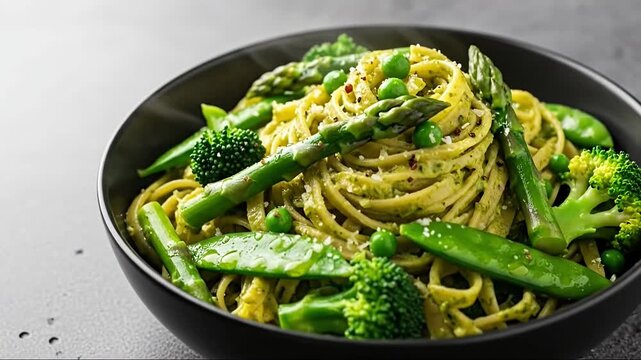 A vibrant, steaming bowl of freshly prepared pasta, richly coated in a verdant sauce and generously topped with an assortment of crisp green vegetables. Close-up footage showcases tender asparagus spe