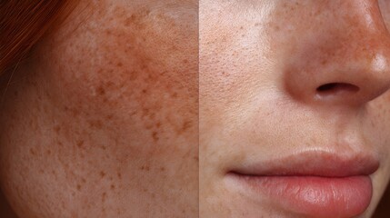 High resolution close up of freckled facial skin showing before and after cosmetic treatment, ideal for skincare, dermatology, and beauty concepts.