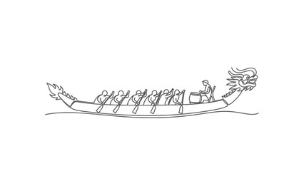 Minimalist Line Drawing of a Traditional Dragon Boat with Rowers and a Drummer © Telo